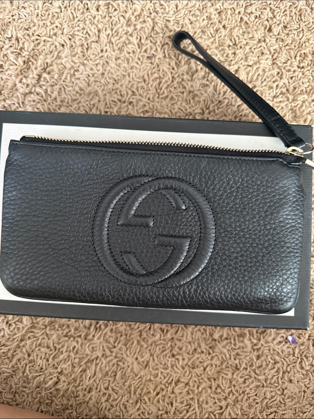 Gucci Black Pebbled Leather Zip Wristlet with Embossed Logo